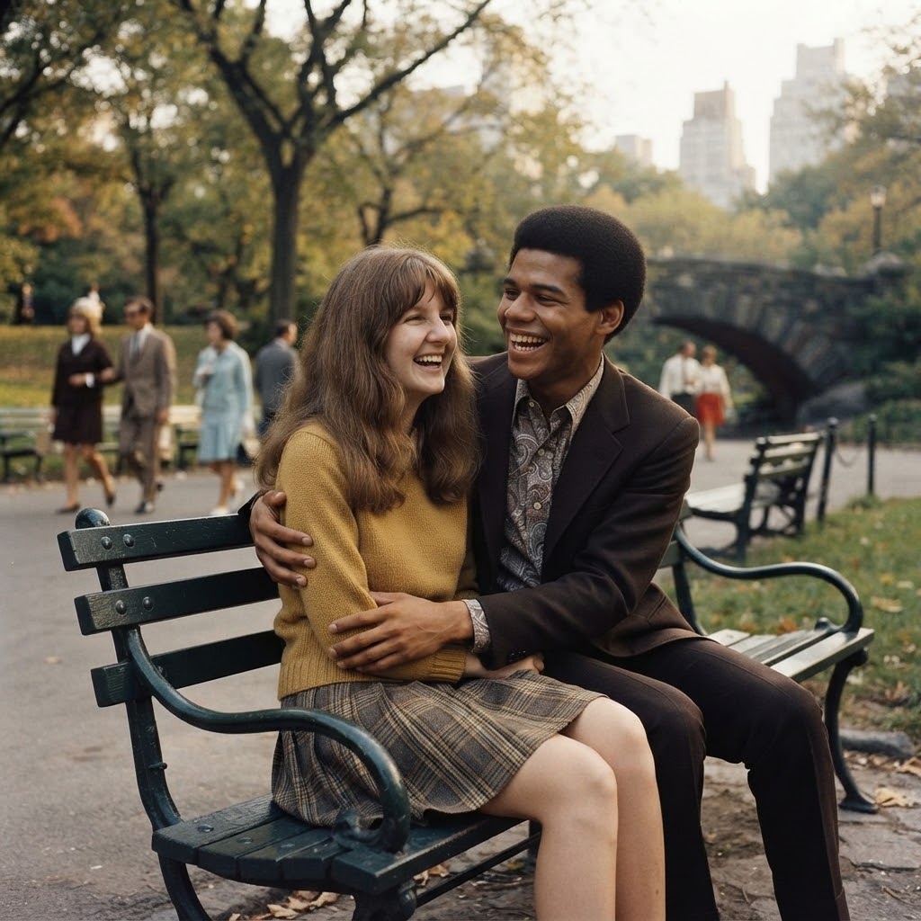 Douglas Firestein and Natasha sit on a park bench.